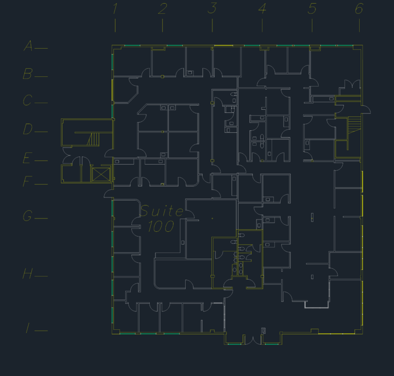 CAD floor plan for an office suite showing private offices, restrooms, structural grid lines, and building core.