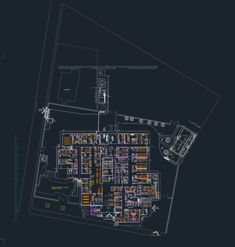Hospital medical center architectural CAD floor plan showing emergency, surgery, and laboratory departments with site layout.