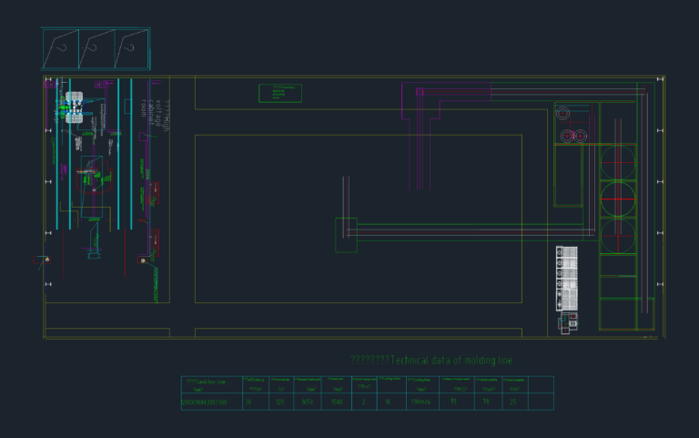 CAD technical layout for a 40-ton foundry molding line and Inductotherm furnace with engineering data table.
