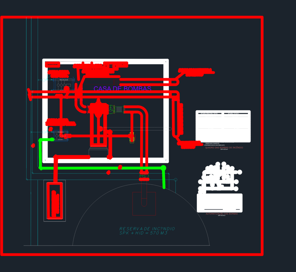 CAD plan of a fire pump house showing diesel and jockey pumps, piping manifolds, and fire water reservoir connection.