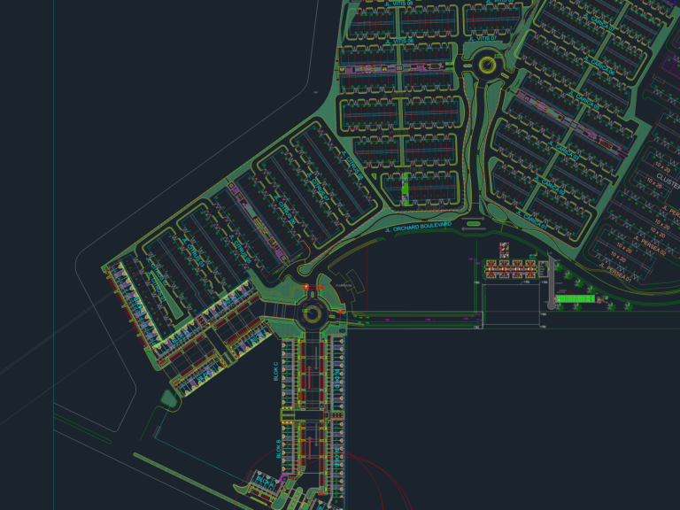 CAD drawing of a residential site plan with housing clusters, 10x20 meter plots, and road network layouts.