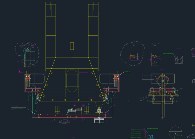 CAD assembly section of a ship-to-shore crane catenary trolley showing hoist and traveling rope connection details.