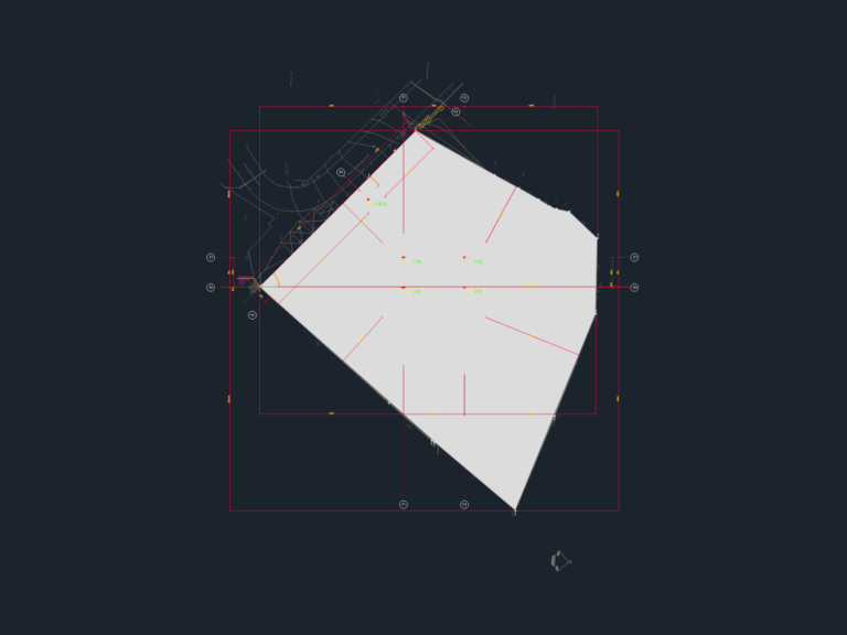 CAD site plan showing a building footprint with red implementation axes, X and Y coordinates, and street layout.
