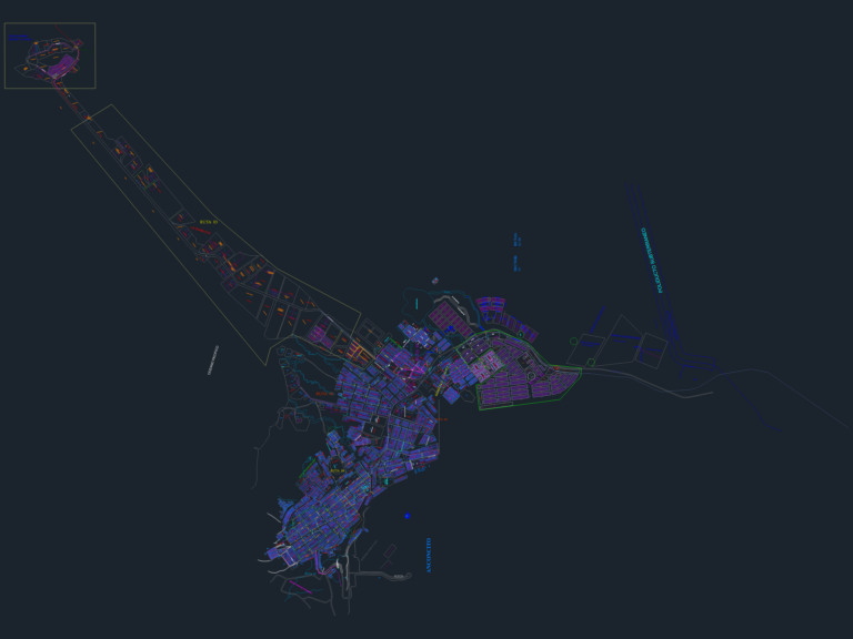 Urban infrastructure plan and water distribution network for Anconcito, Ecuador, with pipe diameters and routes.