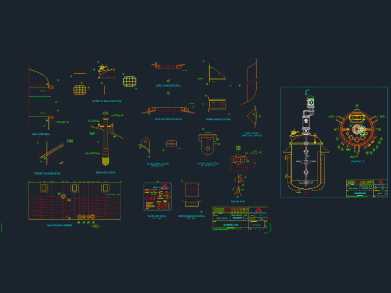 CAD fabrication drawing of a 1000L industrial mixer showing cross-sections, nozzle layouts, and agitator details.