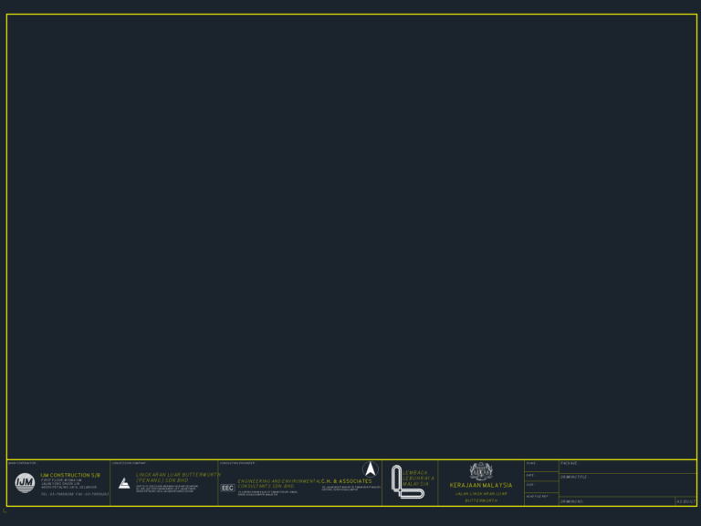 AutoCAD title block and border for the Butterworth Outer Ring Road highway project with project logos and data fields.