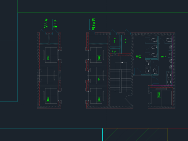 CAD floor plan of a 96sqm commercial space showing restrooms, stairs, and multiple elevators with Vietnamese labels.
