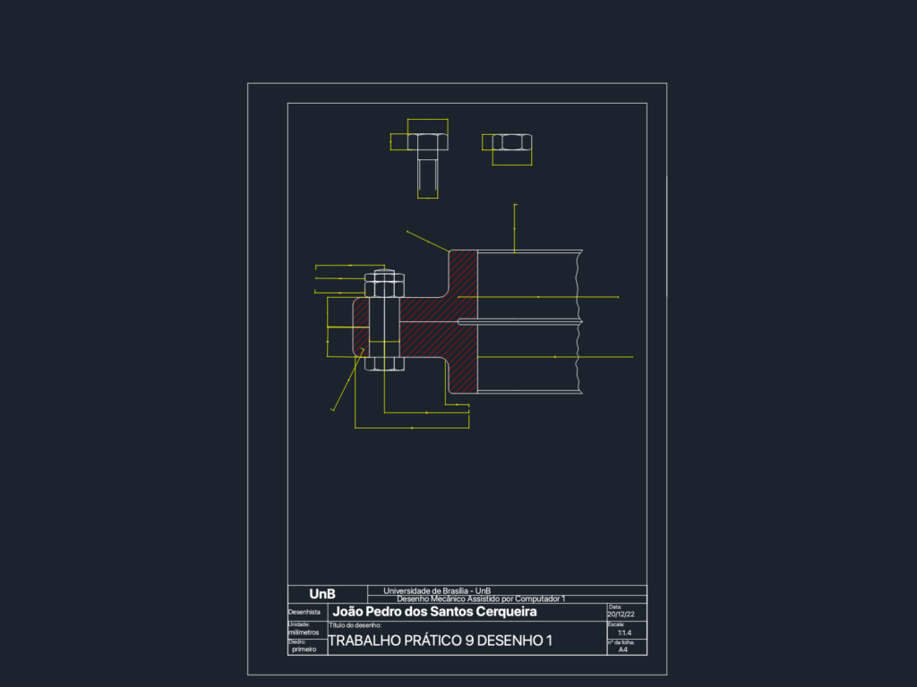 Mechanical engineering drawing of a bolted connection assembly with cross-section, hex bolt, jam nut, and dimensions.