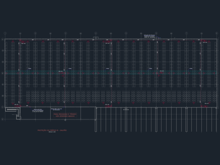 CAD floor plan of an industrial warehouse showing fire protection piping, hydrant points, and loading dock layout.