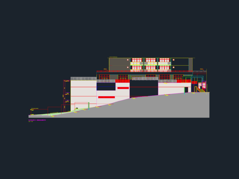 CAD elevation of a condominium building base on sloped terrain showing entrance levels and facade details.