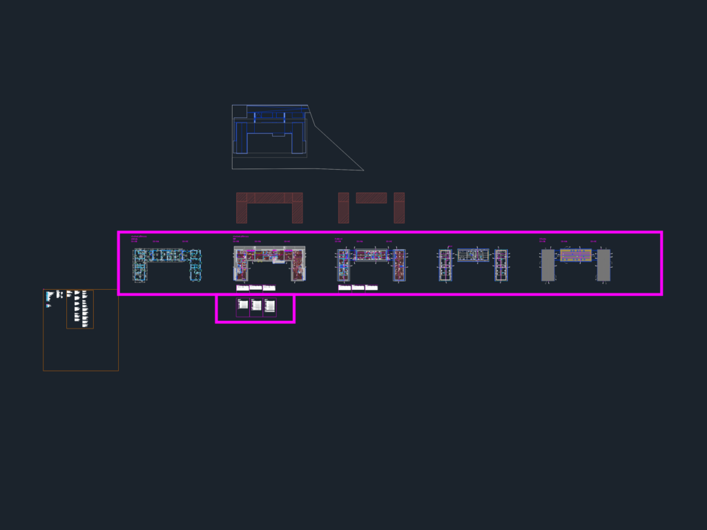 Architectural floor plan of a U-shaped residential building showing interior partitions, hatching, and section cut lines.