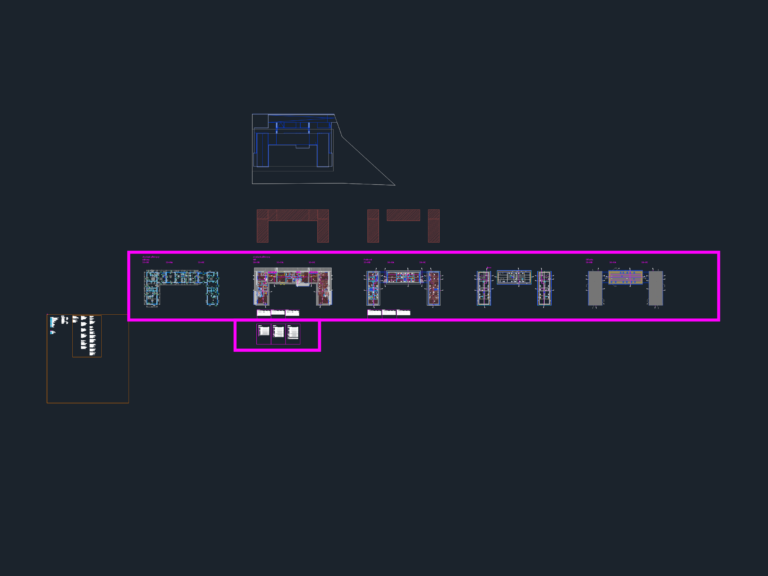 Architectural floor plan of a U-shaped residential building showing interior partitions, hatching, and section cut lines.