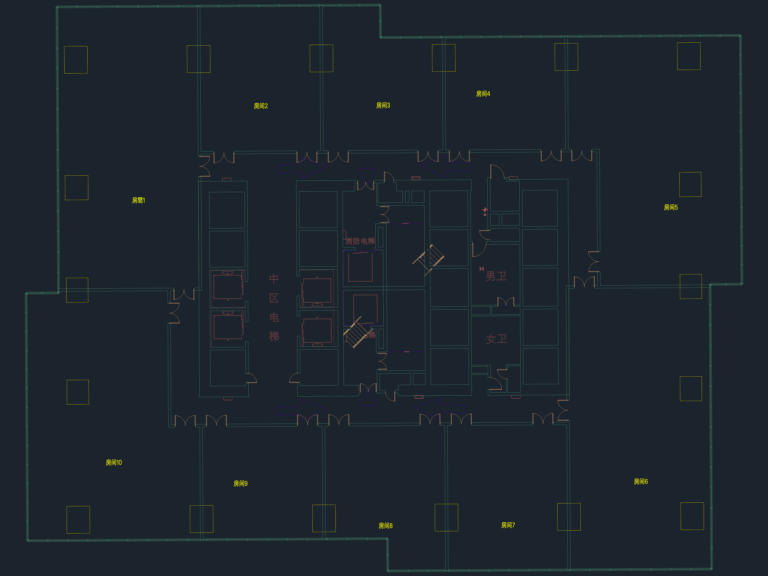 CAD floor plan of a 15th-floor commercial office featuring a central service core, elevators, and 10 partitioned rooms.