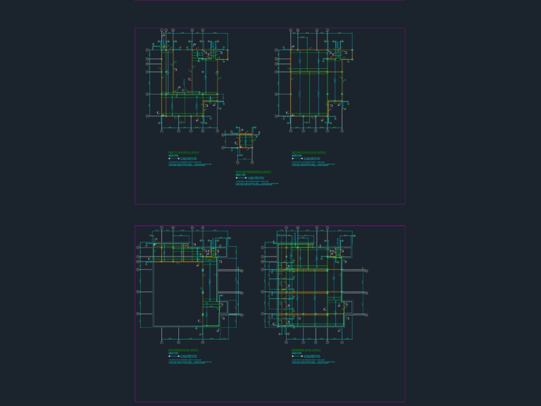 Structural CAD layouts of composite steel decking for basement, mezzanine, first floor, and second floor levels.