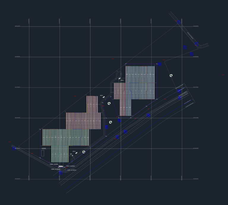 Site plan of a solar farm showing photovoltaic tracker arrays, skids, access roads, and coordinate grid system.