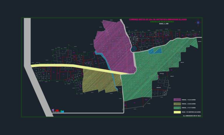 Combined village survey sketch of Kottaiyur and Bimavaram showing color-coded parcels, survey numbers, and highway access.