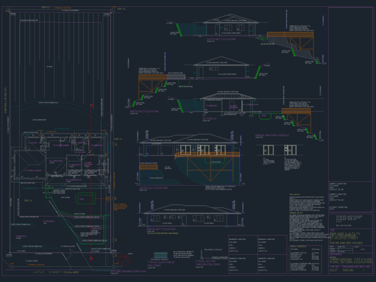 Architectural layout showing site plan, floor plan, elevations, section, and schedules for residential alterations.