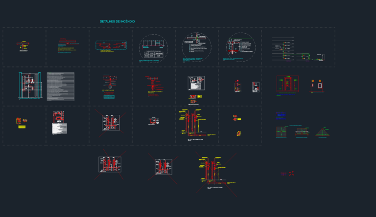 Technical CAD drawings for fire protection systems featuring sprinkler connections, alarm valves, and hydrant details.