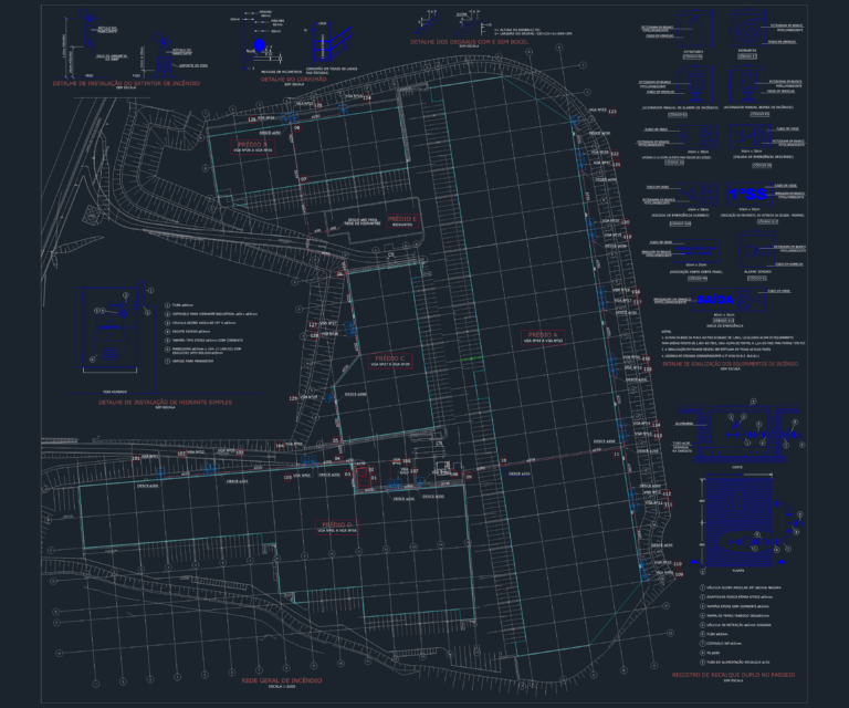 Industrial site plan for fire safety showing hydrant networks, extinguisher mounting details, and emergency signage.