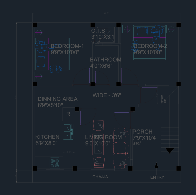 CAD floor plan for a 25x25 2BHK house showing bedrooms, bathroom, kitchen, living area, and porch with imperial dimensions.