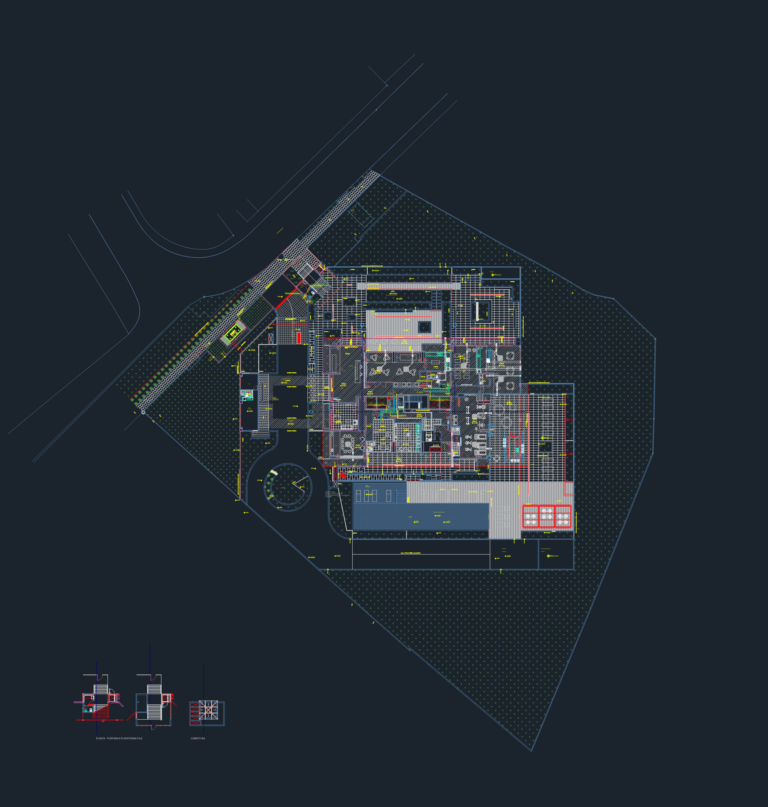 CAD site plan for a residential condominium showing electrical layout, gym, pool area, and site implementation.