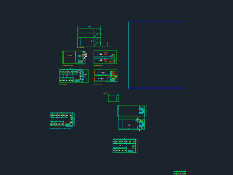 CAD architectural drawing of a 16-unit commercial gallery showing ground floor plan and longitudinal section.