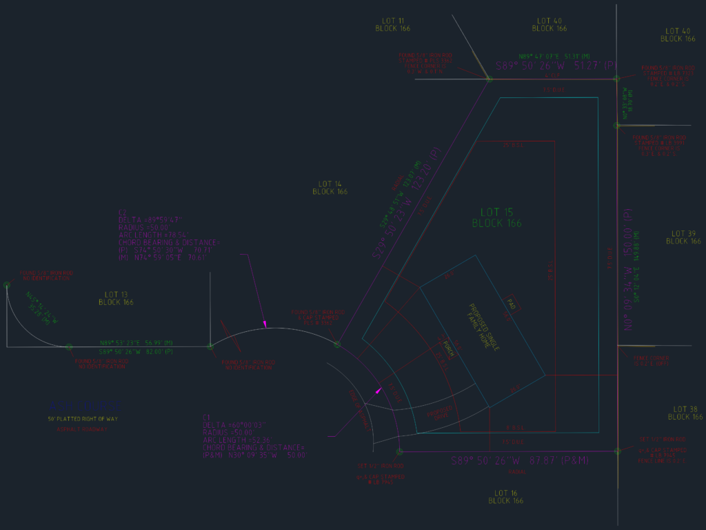 Residential boundary survey and site plan showing property line bearings, setbacks, and proposed house footprint on a lot.