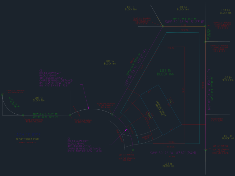 Residential boundary survey and site plan showing property line bearings, setbacks, and proposed house footprint on a lot.