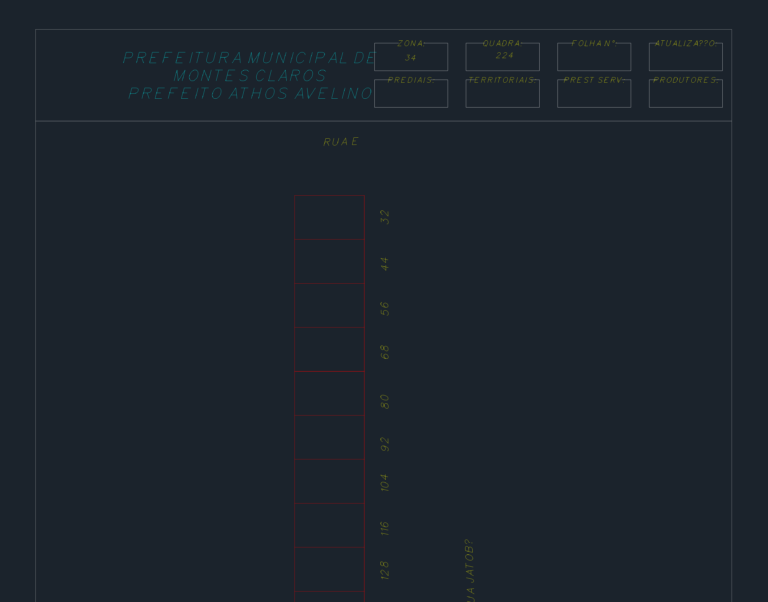 Technical cadastral drawing of Montes Claros Zone 34 Block 224 showing urban parcel layout and lot numbering.