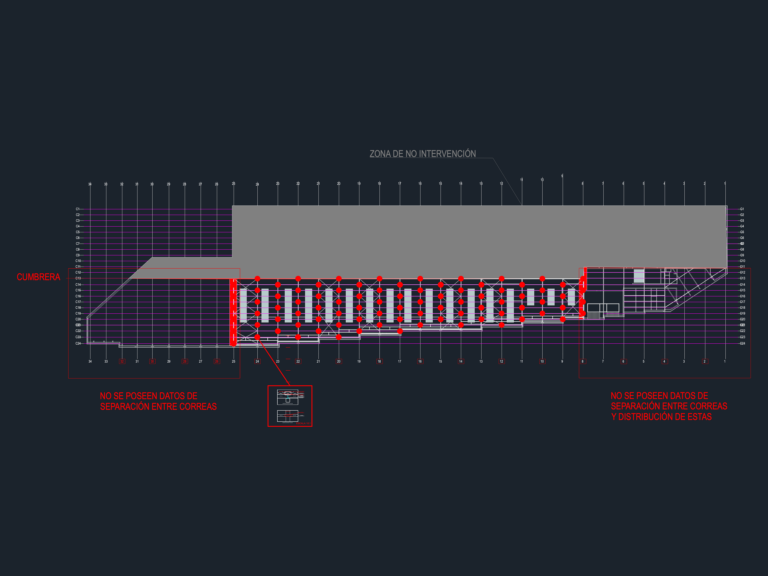 CAD drawing of an industrial roof structural layout showing purlins, framing members, and grid coordinate system.