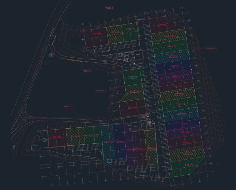 CAD site plan of an industrial warehouse showing color-coded fire hose cabinet coverage zones and site logistics.