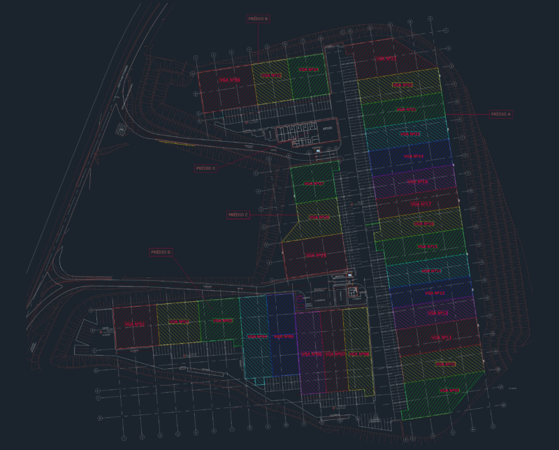 Industrial fire protection site plan with hydrant coverage zones