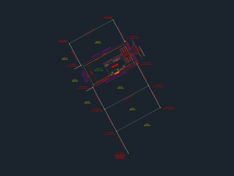 CAD boundary survey and site layout for a 3-unit residence showing property lines, setbacks, and iron rod markers.