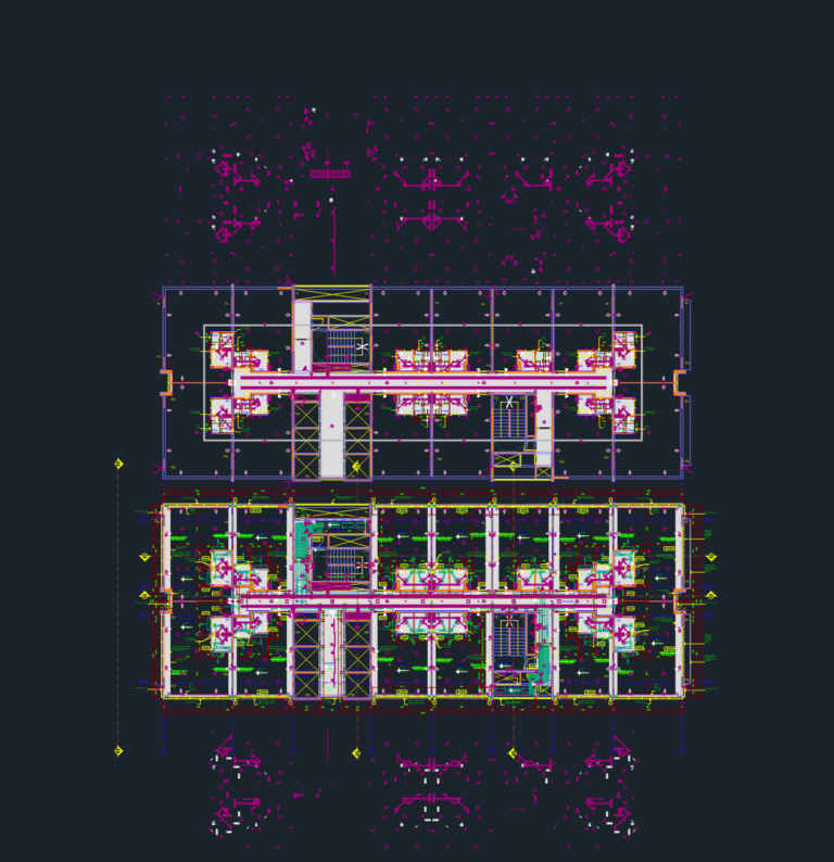Typical office floor plan drawing showing elevator cores, staircases, central corridor, and structural layout.