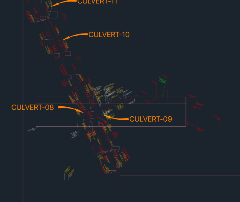 Civil engineering plan with culvert callouts, road striping lines, stationing data, and highway geometry.