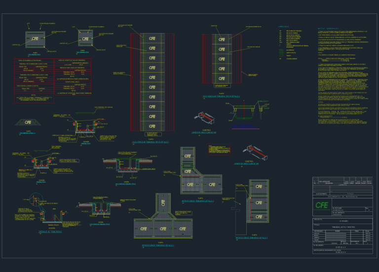 CAD sheet showing CFE standard plans, sections, and isometric views for electrical trenches and duct banks.