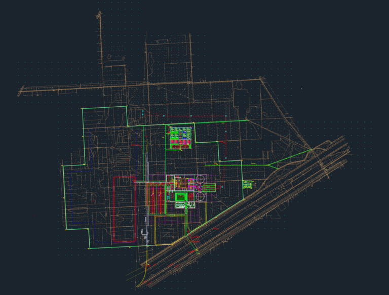 CAD site plan of an industrial coal power plant featuring a 500kV substation, railway lines, and site coordinates.