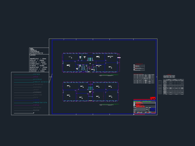 2D architectural floor plans for a two-story university building with computer labs, classrooms, and area schedules.