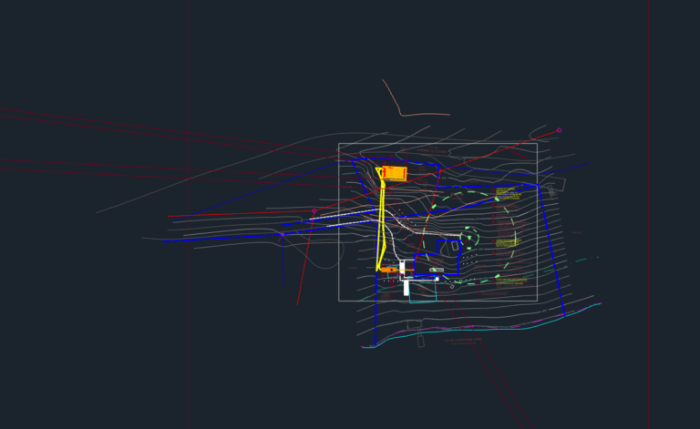 CAD site plan of a residential septic system featuring topographic contours, tank location, and pump station.