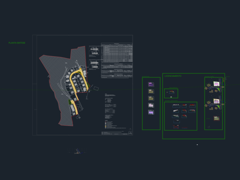 CAD layout of a unifamiliar house licensing set including site synthesis plan, floor plans, and sections.