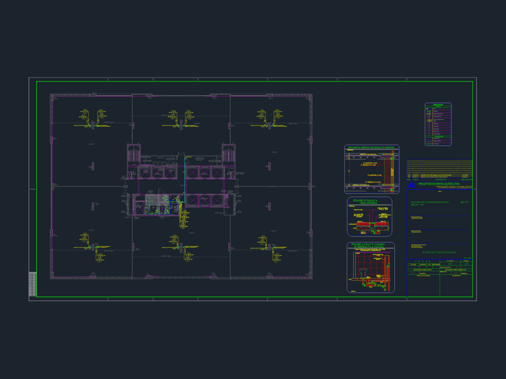 AutoCAD floor plan showing sanitary sewage and rainwater systems with technical details of drain connections and vents.