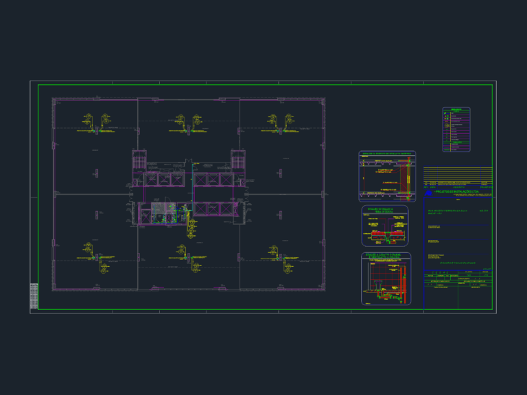 AutoCAD floor plan showing sanitary sewage and rainwater systems with technical details of drain connections and vents.