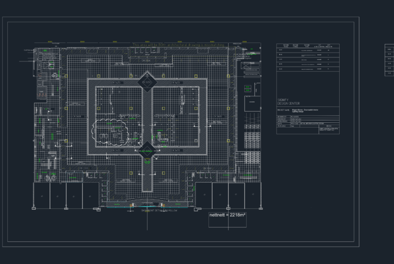 2D CAD retail lighting layout for a 2218m² department store featuring fixture schedules and LED positions.