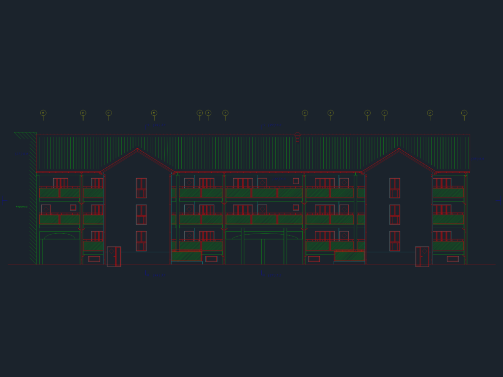 2D CAD north facade elevation of a 4-story senior housing building with balconies, gabled roofs, and window layouts.
