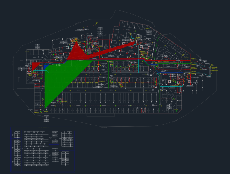 CAD drawing of a basement electrical layout with pump controls, drainage conduits, wiring, and service panels.