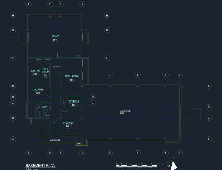 Architectural basement plan CAD drawing with library, mechanical room, electrical rooms, storage areas, and structural grid.