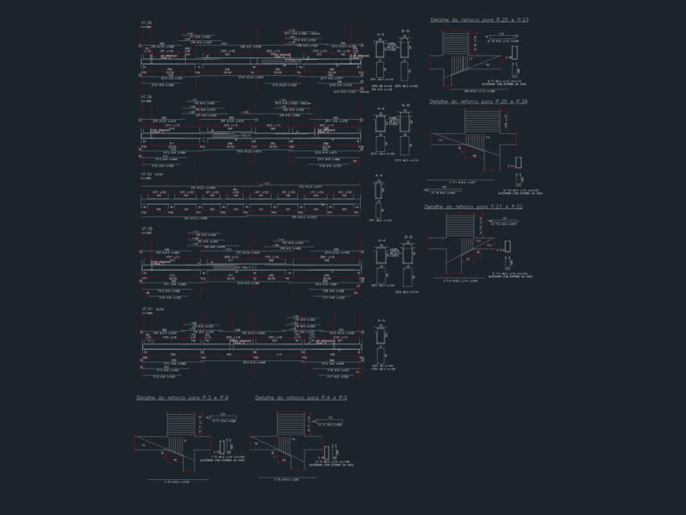 CAD layout of reinforcement details for concrete beams and columns with longitudinal sections and rebar schedules.