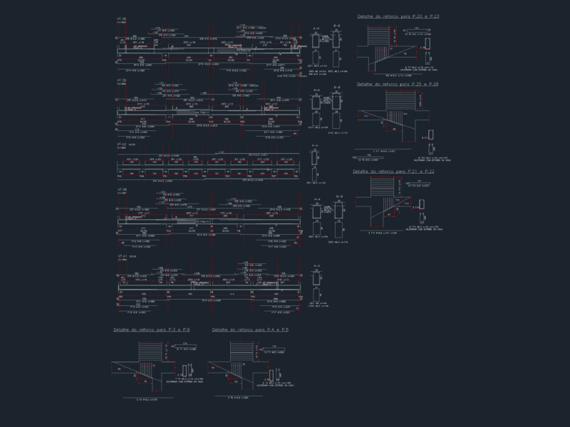 Structural reinforcement details for VT.36-VT.42 beams and columns