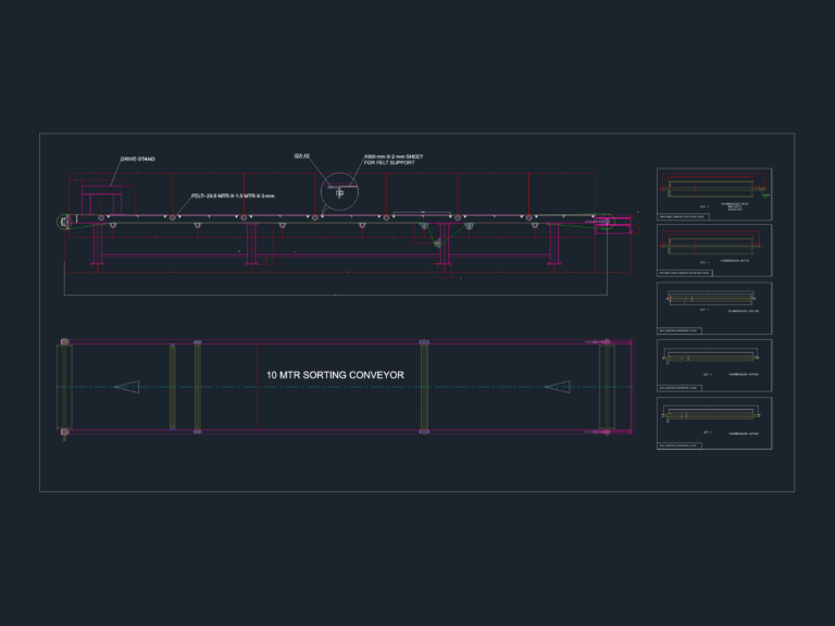 CAD assembly drawing of a 10m industrial sorting conveyor with plan and elevation views and roller component details.