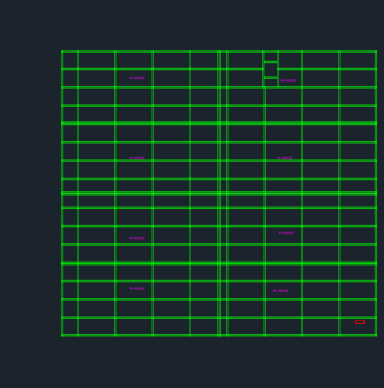 CAD assembly drawing showing a modular wall panel layout grid with specific part identification codes for prefab modules.